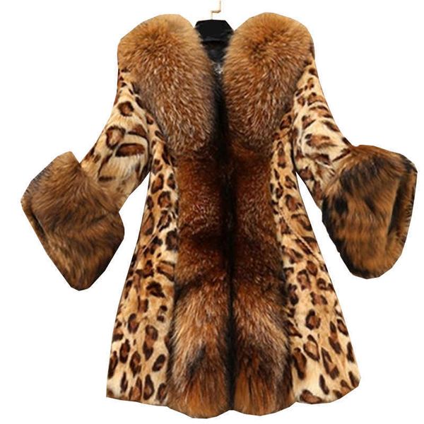 

women's fur faux fashion winter women leopard warm coat with raccoon dog collar poncho chic loose parka outwear female 2022 t220928, Black