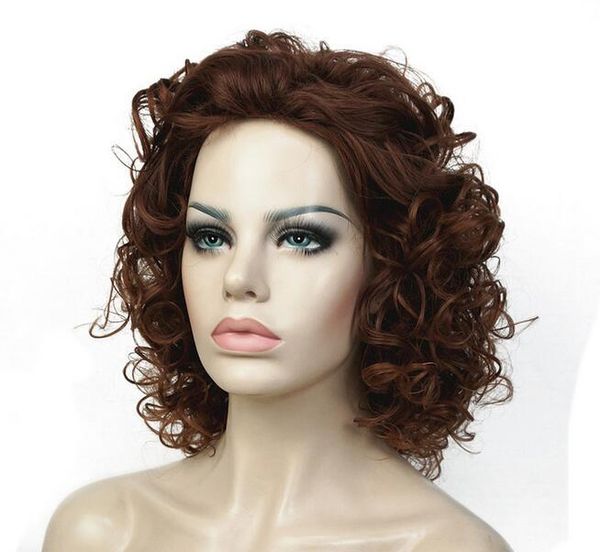 

women fashion golden brown short curly hair fluffy fashion wig, Black