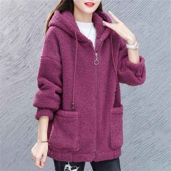 

women's fur faux plush thick warm lamb wool coat women autumn winter plus size hooded outerwear ladies zipper cardigan hoodie 220928, Black