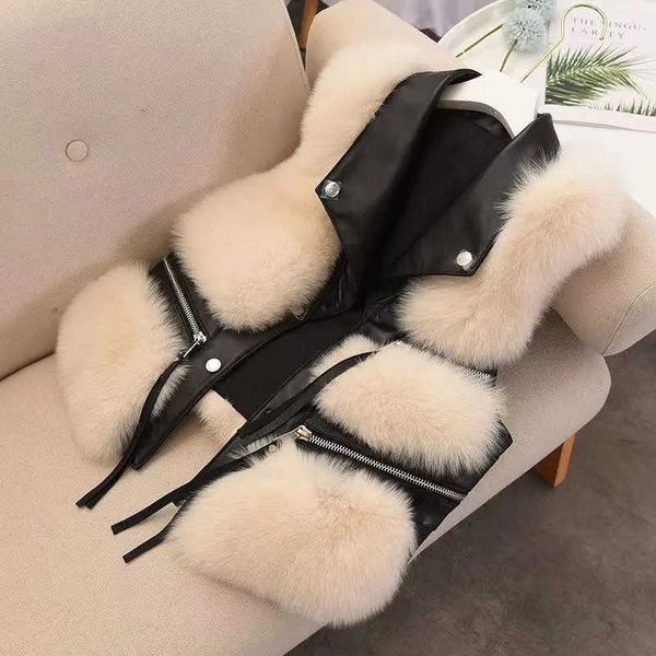 

women's fur faux fur 2021 pu leather faux fur vest women jacket vest winter single-breasted turn-down collar sleeveless coat women fash, Black