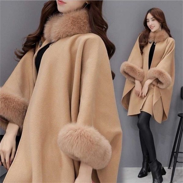 

women's fur faux elegant round coat cape autumn winter big long sawl full trim patchwork woolen cloak overcoat parka wdc8415 220928, Black