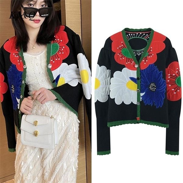 

womens knits tees designer big flower long sleeve sweater cardigan women autumn contrast color bubble sleeve fashion knitted jacket 220929, White