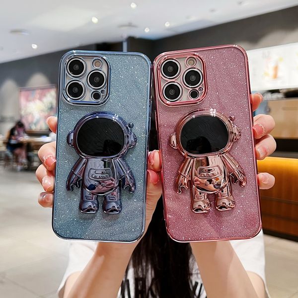 

flash phone cases glitter plating astronaut stand phone case for iphone 14 13 12 mini 11 pro max x xr xs lens protector on 6s 7 8 plus cover