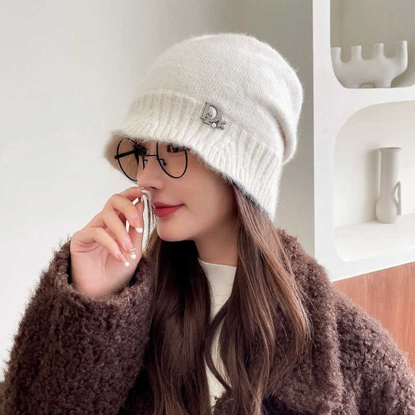 

stingy brim hats hat female autumn and winter korean version versatile warm knitted rabbit wool baotou hat ear protection anti cold hat pile, Blue;gray