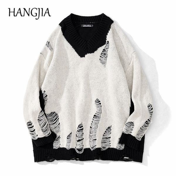 

mens sweaters black white patchwork pullovers sweaters washed destroyed ripped sweater men harajuku hole knit jumpers for women oversized 22, White;black