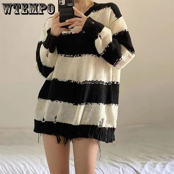

womens sweaters gothic punk hole sweaters women fashion harajuku oversize pullover sweater knitted jumper fashion striped sweater wholesale, White;black