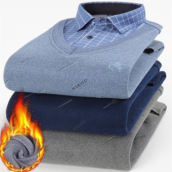 

mens sweaters korean style plus size fake two piece knitwear winter mens plus velvet thick warm pullovers male oversized fleece shirt sweate, White;black