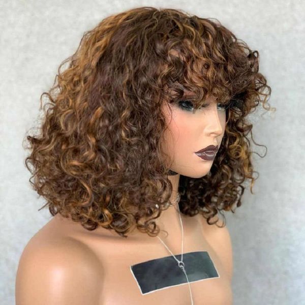 

deep wave human hair wig with bangs brown color 150 200 density curly full machine wigs for black women no lace bob wigfactory direct