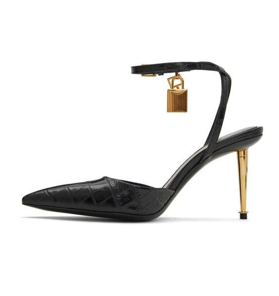 

new slingback-style padlock hardware sandals shoes women croc-embossed leather heels heels metal stiletto heel lady pumps party wedding 35-4, Black