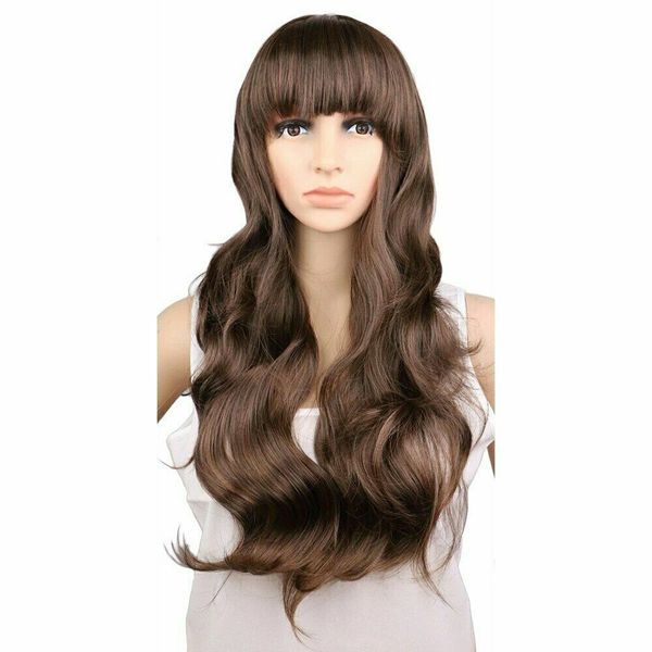 

women ladies natrual long wavy wig cosplay black dark brown 70 cm synthetic wig