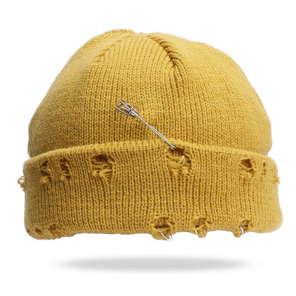 

stingy brim hats korean fashion ring pin hip hop woolen hat autumn winter lovers net red fashion hole hat men's and women's knitte, Blue;gray