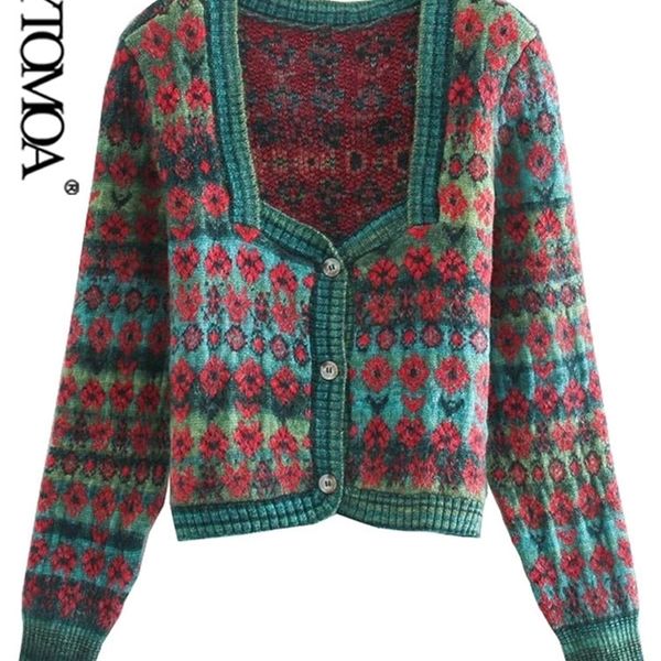 

women's knits tees kpytomoa women fashion jacquard cropped knitted cardigan sweater vintage square collar button-up female outerwear ch, White