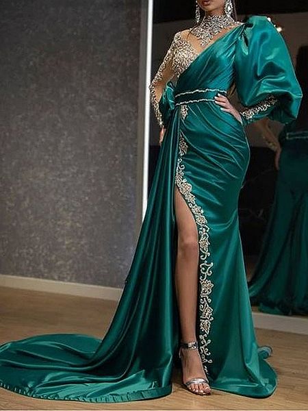 

aso ebi beaded mermaid prom dresses fashion design long sleeves high neck thigh deep split long satin formal evening gowns appliques women e, Black