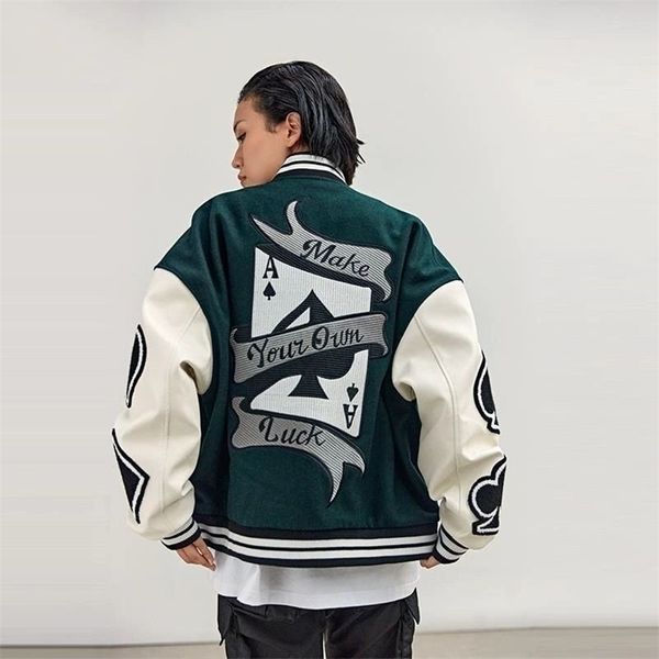 

men's jackets spring and autumn poker embroidered baseball jacket leather sleeve men women couples american street loose 220928, Black;brown