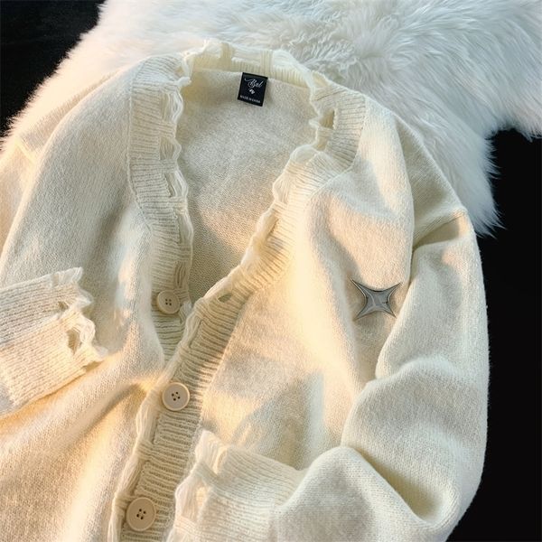 

womens knits tees vintage knitted cardigan autumn winter clothes women korean fashion couple star long sleeve sweater women y2k clothes 220, White
