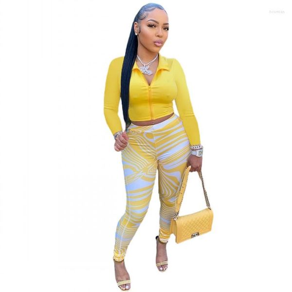 

women's two piece pants women set full sleeve zipper crop outfits autumn fashion print streetwear high waist pencil suits 2022, White