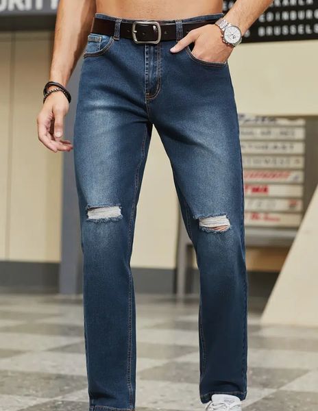 

men's dark blue shredded slim fit straight jeans secure privacy