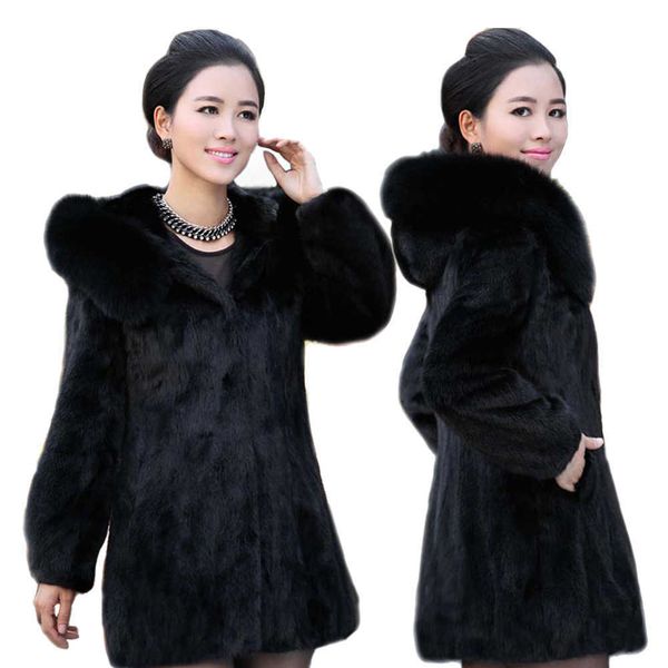 

women's fur faux leather coat mink hooded collar mid-length t220928, Black