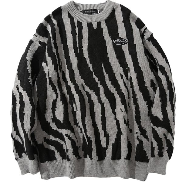 

men's sweaters japanese harajuku vintage sweater winter zebrastriped round neck pullovers knitted couples hip hop loose fashion sweater, White;black