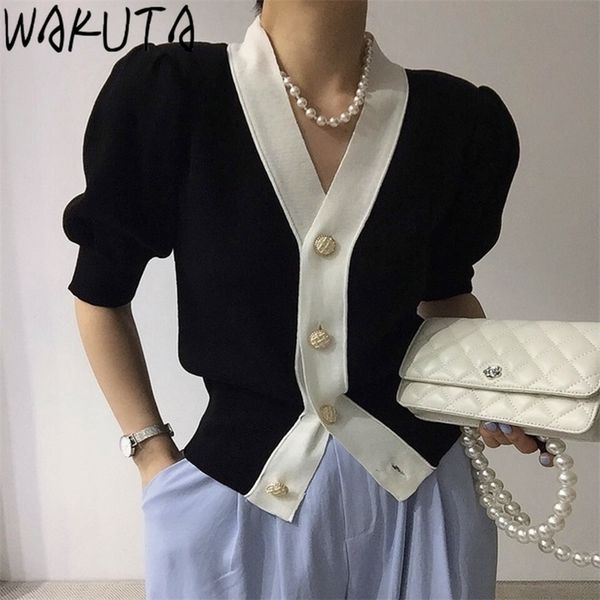 

women's knits tees wakuta summer elegant puff short sleeve cardigan women korean design solid single breasted chic knitted ottfice lad, White