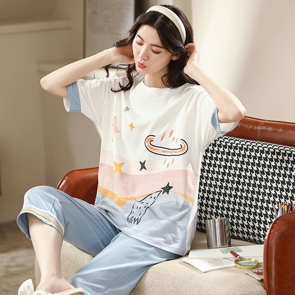 

women's sleepwear summer cartoon cotton pajamas set women pyjamas sleepwear nightwear pijama mujer home wear casual calflength pants ni, Black;red