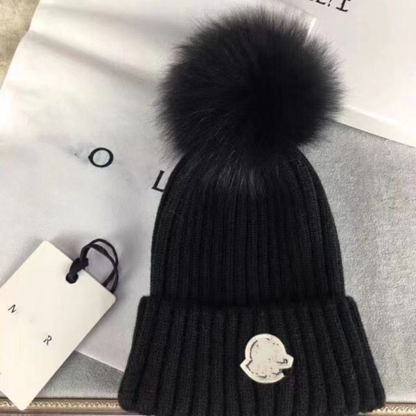

famous designer winter knitted beanie woolen hat women chunky knit thick warm faux fur pom beanies hats female bonnet beanie caps, Blue;gray
