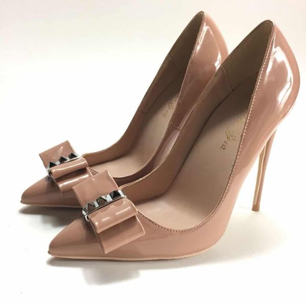 

spring new designer red bottom shoes women bow-knot beige patent silver rivet ladies high heels pumps ol fashion slip-on red sole high-heele, Black