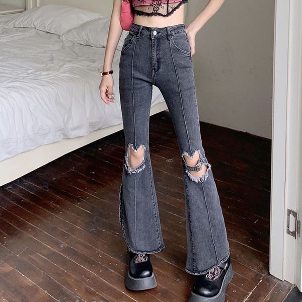 

women's jeans women street ripped gray flare jeans y2k baggy hole wide lege blue frayed denim pants vintage street high waist cut bell