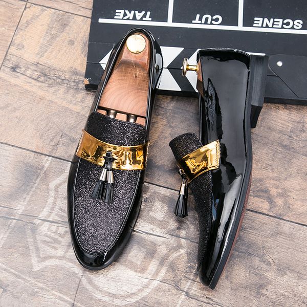 

Fashion Loafers Men Shoes Personality PU Stitching Sequined Cloth Tassel Classic Slip-on Business Casual Wedding Nightclub All-match AD303, Clear