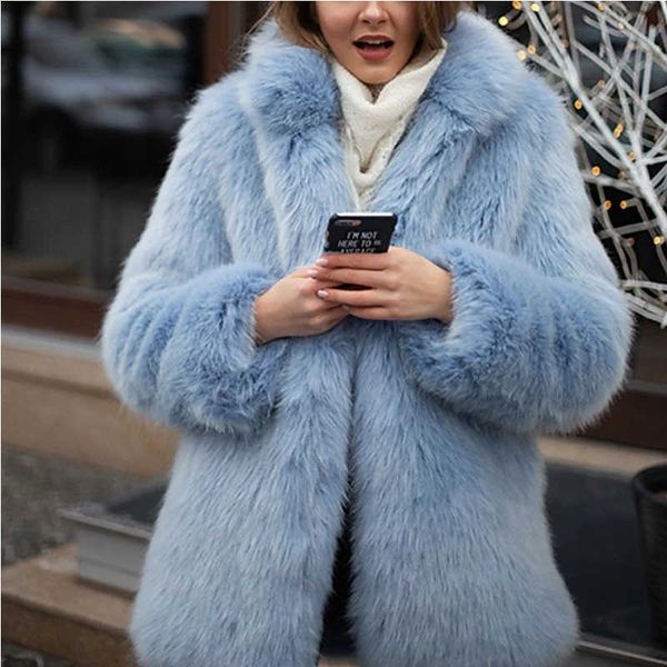

women's fur faux leather coat winter mid-length imitation blue t220928, Black