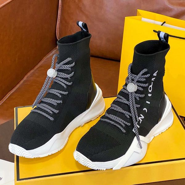 

brown ff flow knitted boot sock-style martin boots stretch-knit and leather combat booties for women men luxury designer shoes 10, Black