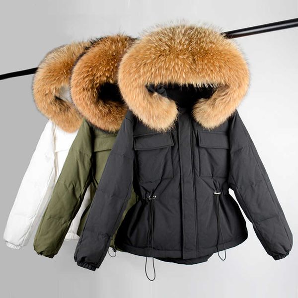 

women's down parkas 2021 large natural raccoon fur collar hooded winter puffer jacket women thick warm down coat with adjustable waist, Black
