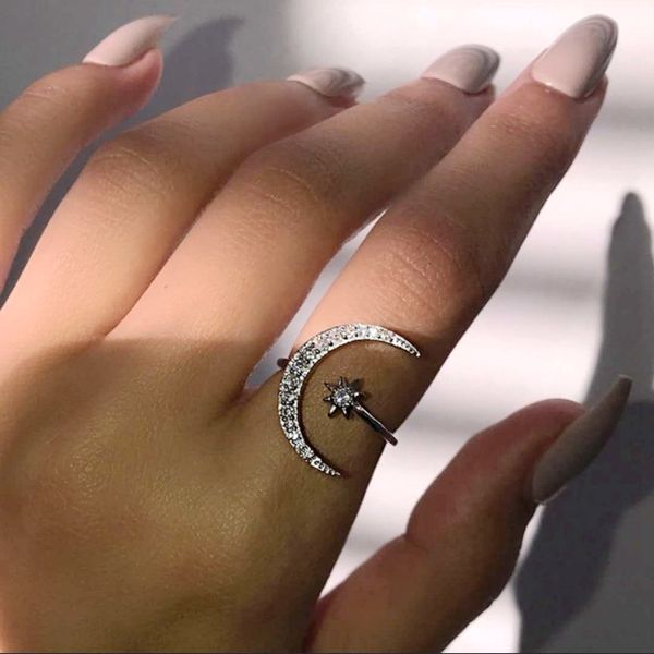 

12pcs new fashion moon star open finger rings for women adjustable silver color wedding ring jewelry girl gifts