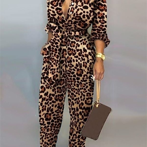 

women's jumpsuits rompers leopard tied waist long sleeve jumpsuit women fashion overalls casual streetwear drop 220929, Black;white