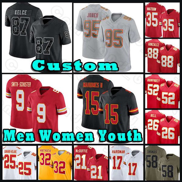 

15 patrick mahomes travis kelce football jerseys chris jones juju smith-schuster trent mcduffie jaylen watson chiefes clyde edwards-helaire, Black;red