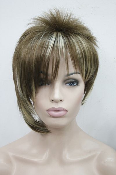 

asymmetric brown blonde mix side bangs short straight synthetic hair women's wig, Black