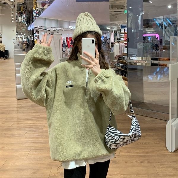 

women's hoodies sweatshirts velvet thick jacket autumn winter korean fashion loose lamb imitation plush zipper sweatshirt women ulzzang, Black