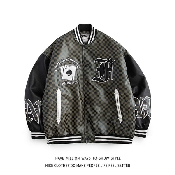 

men's jackets chess plaid poker winter parkas thick warm pu leather man motorcycle jacket woman oversize cyberpunk varsity coat 220929, Black;brown