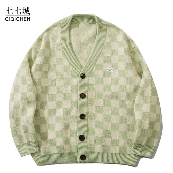 

men's sweaters harajuku vintage plaid knitting cardigan men oversized checkerboard jumper ugly black hip hop women 220930, White;black
