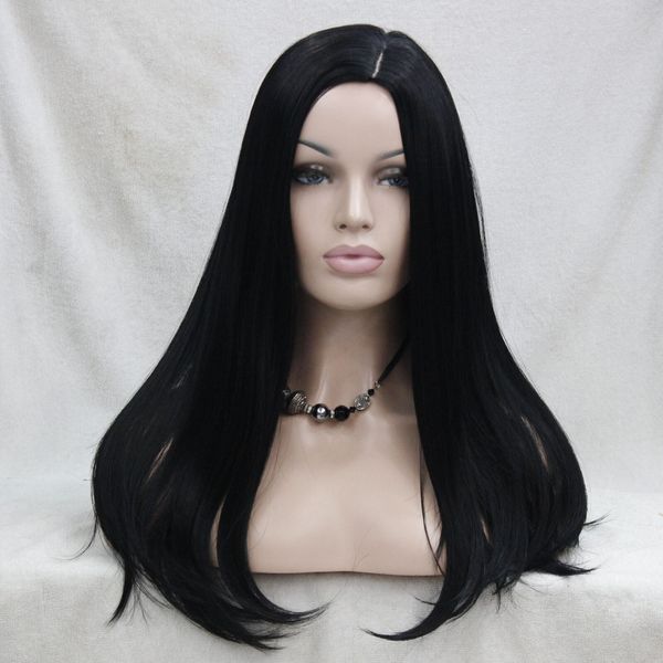 

new heat resistant hair jet black no bangs long straight side skin part wig
