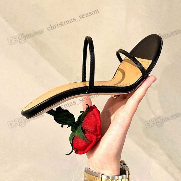 

2022 womens rose heel shoes embellished heeled sandals smooth leather outsole open toes vamp strap stiletto summer heels for women party lux, Black