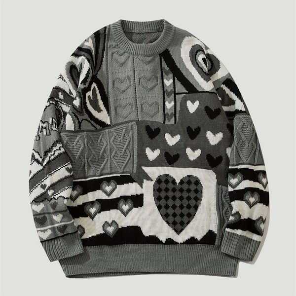 

men's sweaters knitted jumper sweater harajuku heart patchwork stripe hip hop streetwear college style casual loose pullover couples 2, White;black