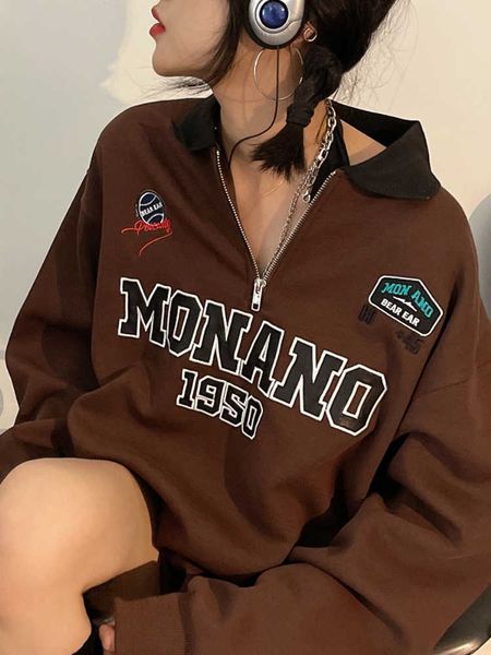 

women's hoodies sweatshirts deeptown y2k vintage oversized hoodies women harajuku hippie letter print sweatshirts zip up polo collar lo, Black
