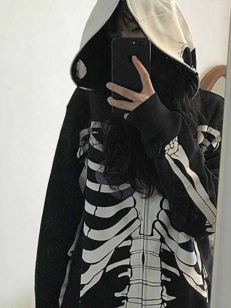 

women's hoodies sweatshirts deeptown y2k gothic zip up hoodies women punk oversized skull skeleton print sweatshirts black hip hop loos