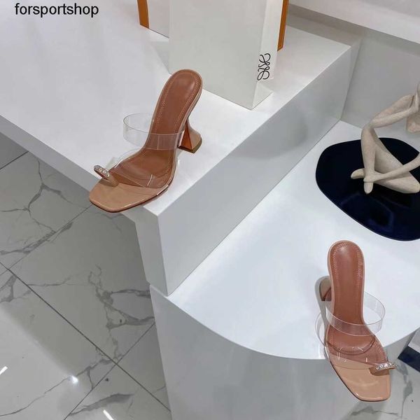 

luxury designer slippers spring new amina muaddi square head rhinestone wine cup heel high shoes cover toe pvc sandals, Black