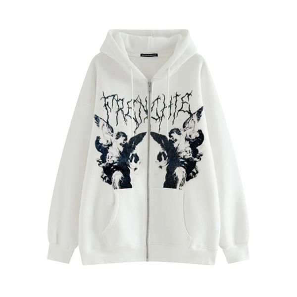 

women's hoodies sweatshirts y2k hoodie zip-up sweatshirt angel printing jacket loose long sleeve pockets streetwear hip hop fashion men, Black