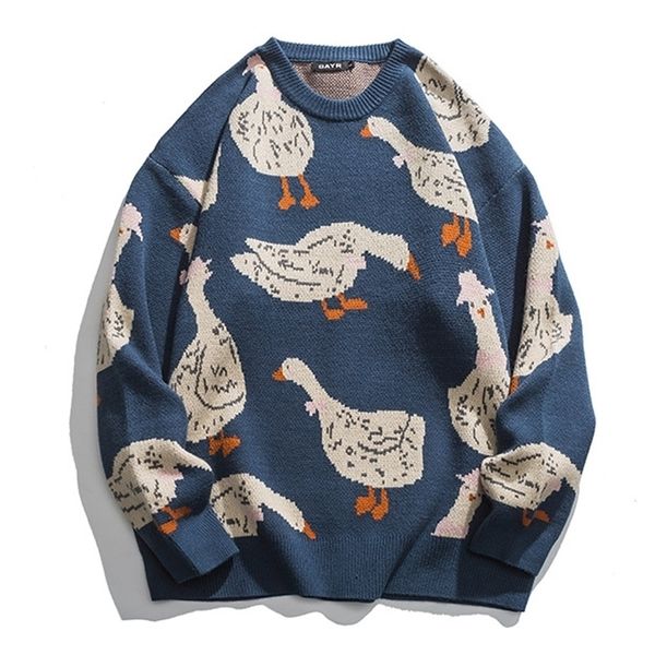 

men's sweaters japanese knitted sweater men cartoon animal duck goose print pullover harajuku casual o-neck oversize streetwear fall 22, White;black