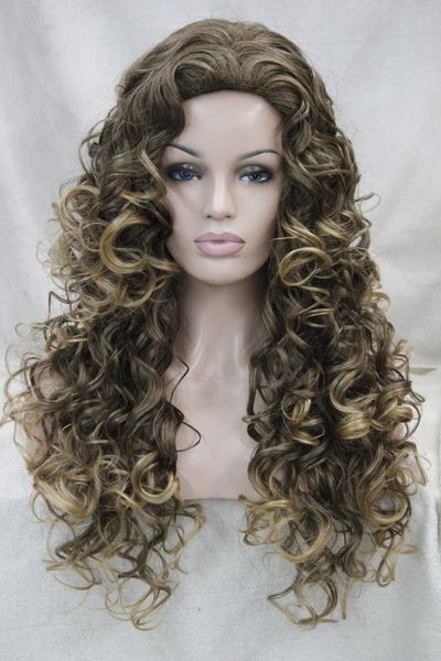 

brown mix golden blonde tip curly long synthetic hair full women' daily wig, Black
