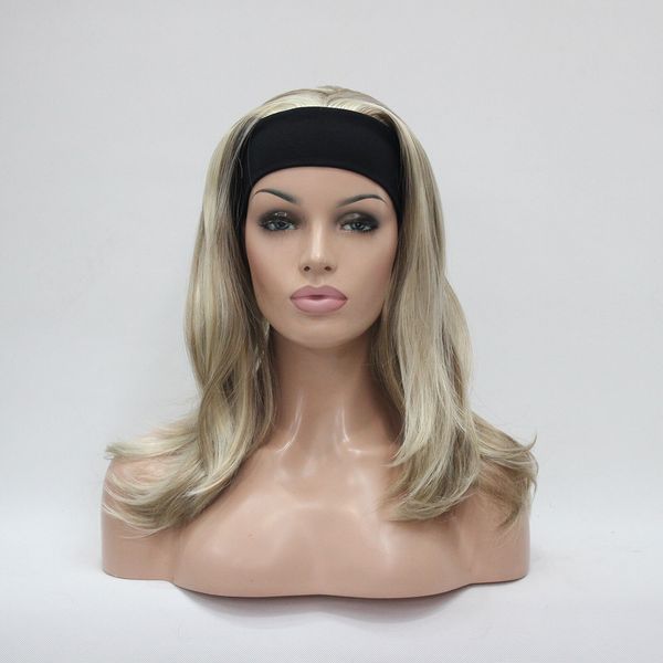 

new honey ash blonde mix blonde long straight wavy end 3/4 wig with headband, Black