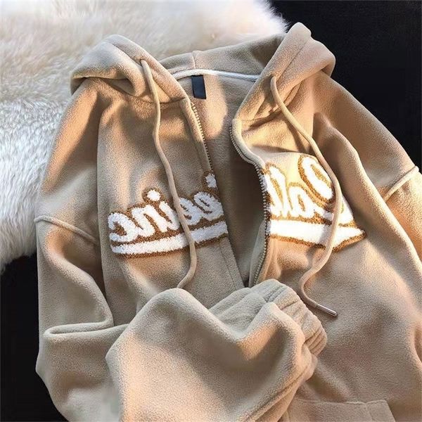

women's hoodies sweatshirts letter embroidery women winter casual oversized polar fleece hooded sweatshirt female vintage zipper hoodie, Black
